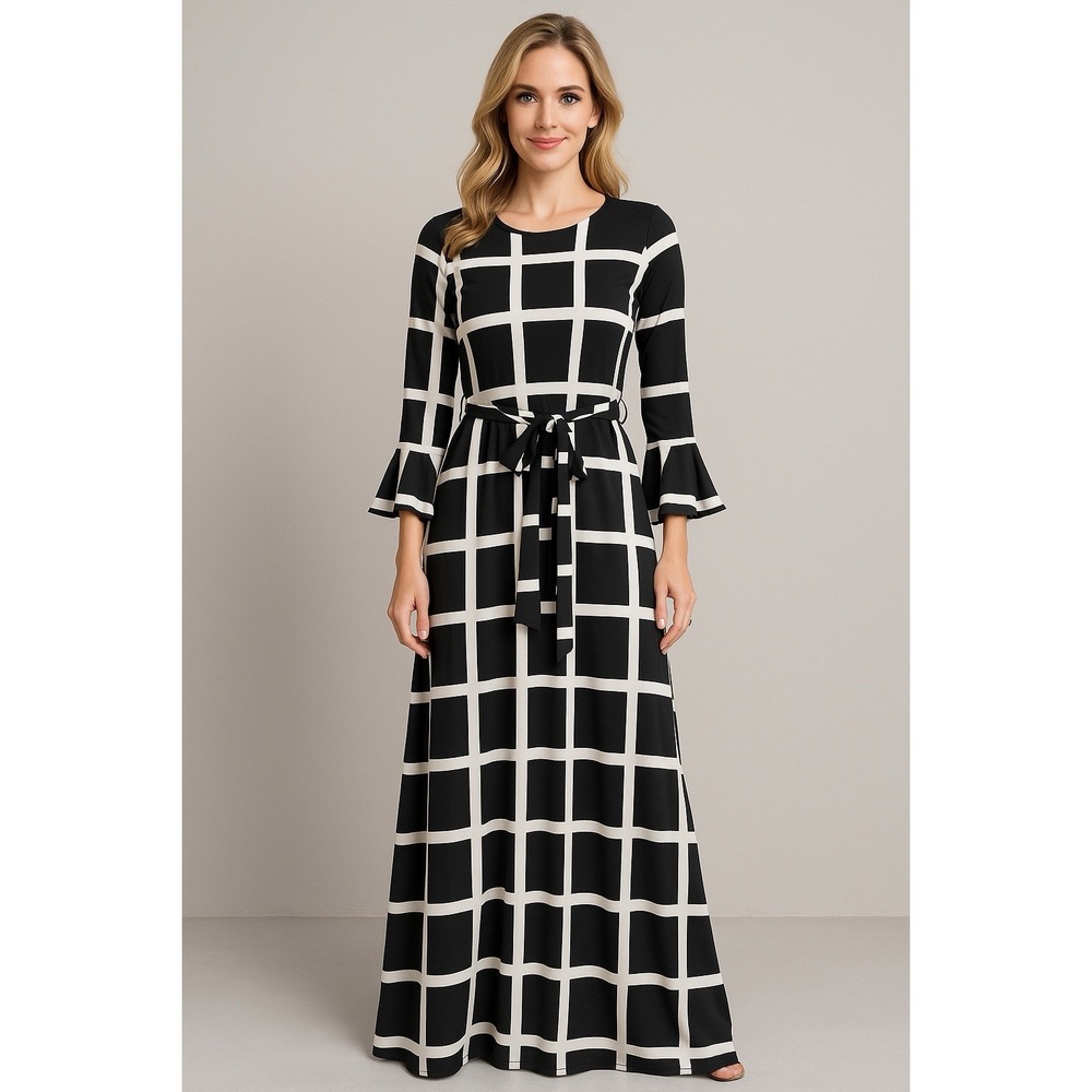 Urban Modesty Black White Windowpane Midi Dress Tie Waist Bell Sleeve NWT
